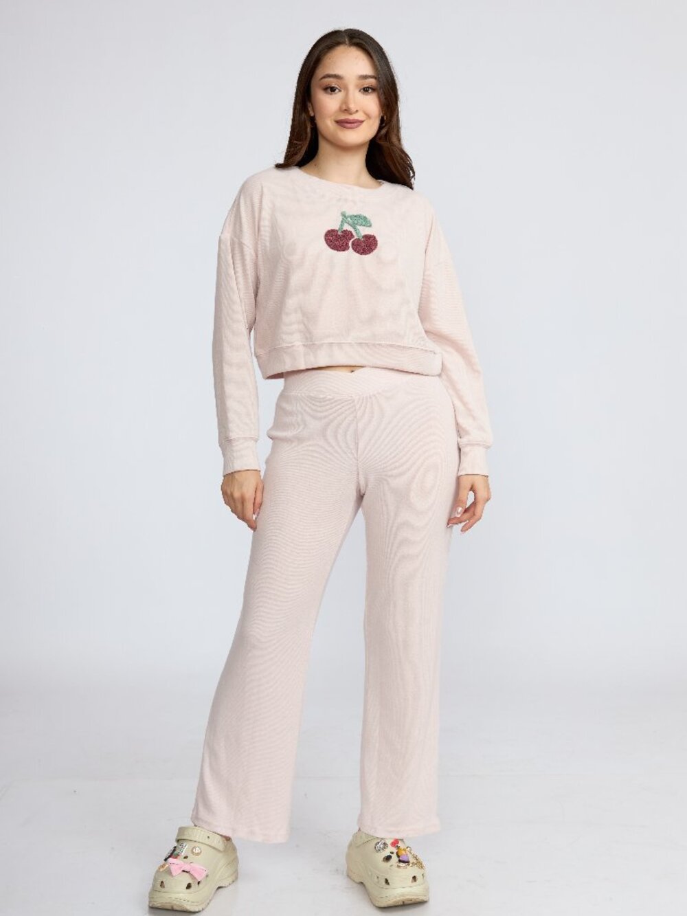 Women’s Cherry Graphic 2-Piece Lounge Set, Long Sleeve Top & Wide Leg Pants.